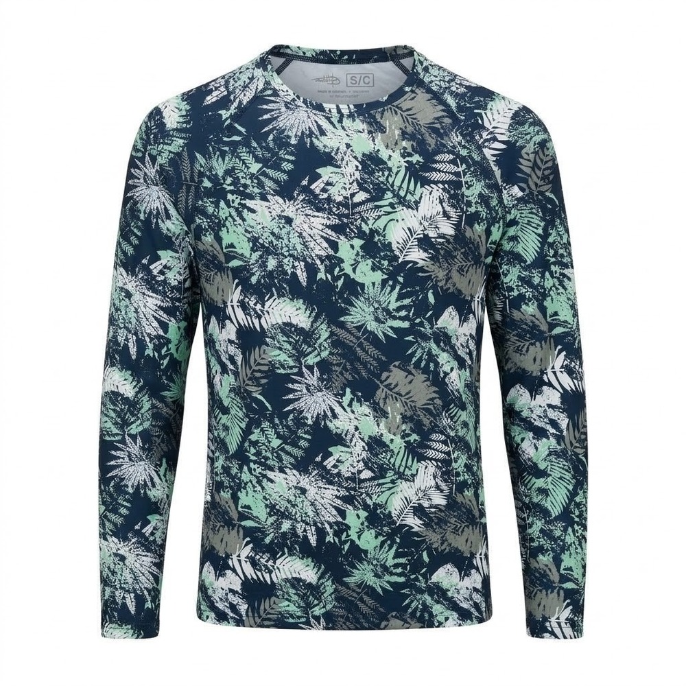 Reel Life Men's SMALL Long Sleeve Performance Fishing Shirt Blue Tropical Leaf